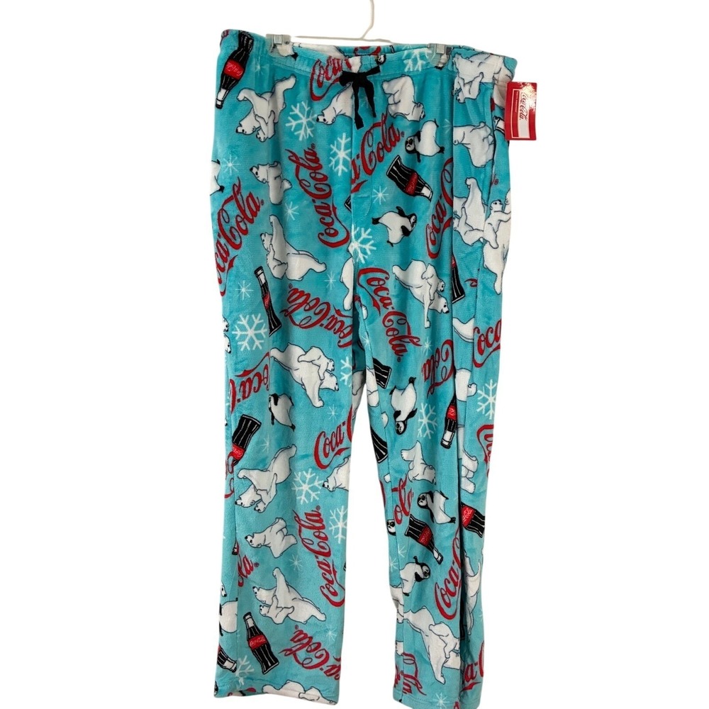 Coca-Cola Pajama Pants Mens XL Blue Polar Bear Penguin Fleece Sleepwear New